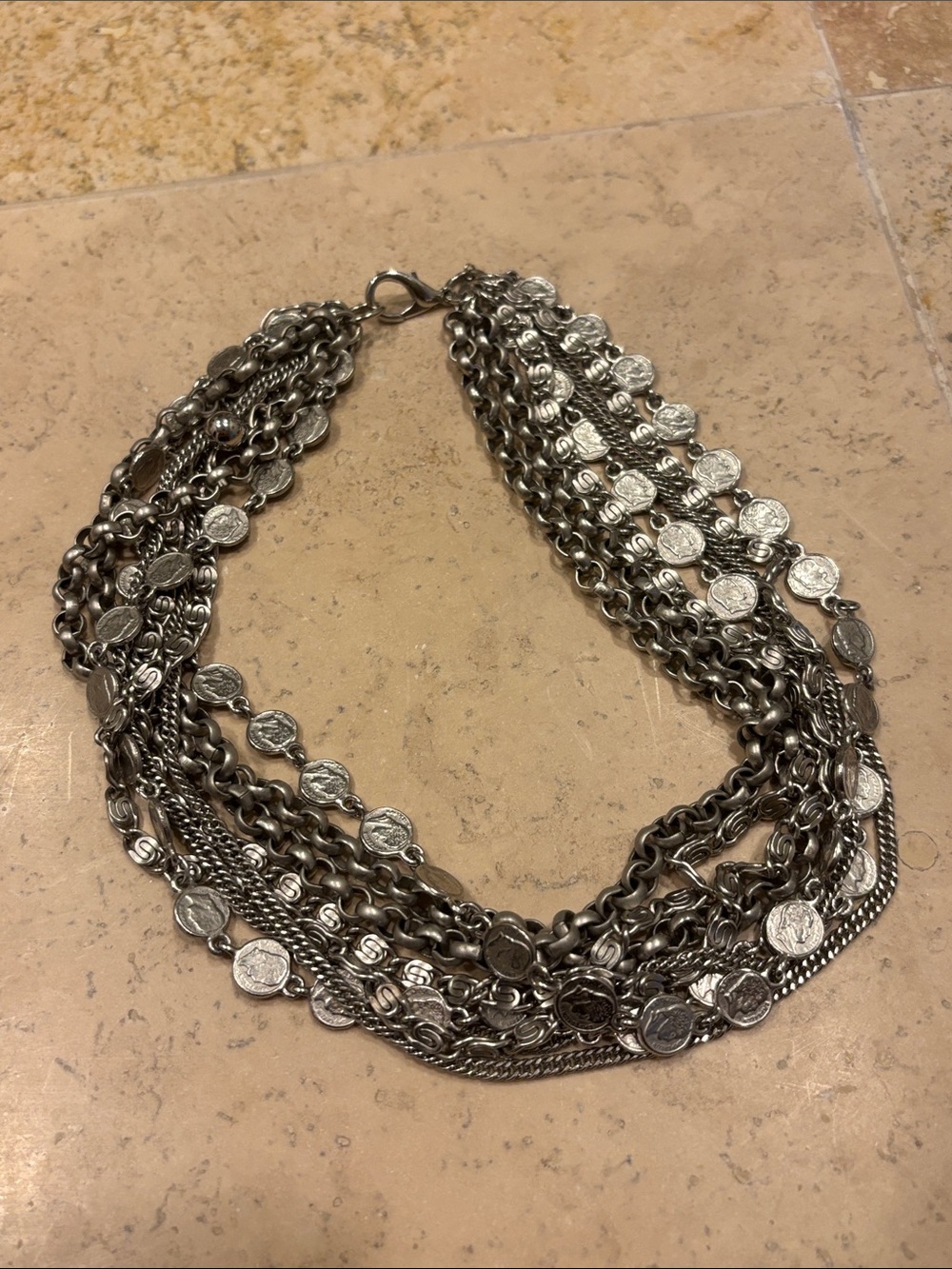 Multi-Strand Silver Coin Charm Necklace - lady remington